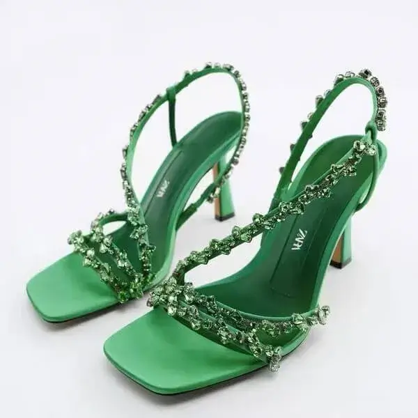 Fashionfunia Women Fashion Plus Size Sexy Rhinestone Strap Square Toe Heeled Sandals