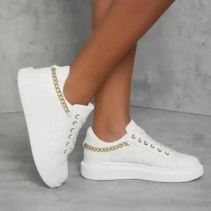 Fashionfunia Women Casual Creative Metal Chain Design Solid Color Thick-Soled Low Top PU Sneakers